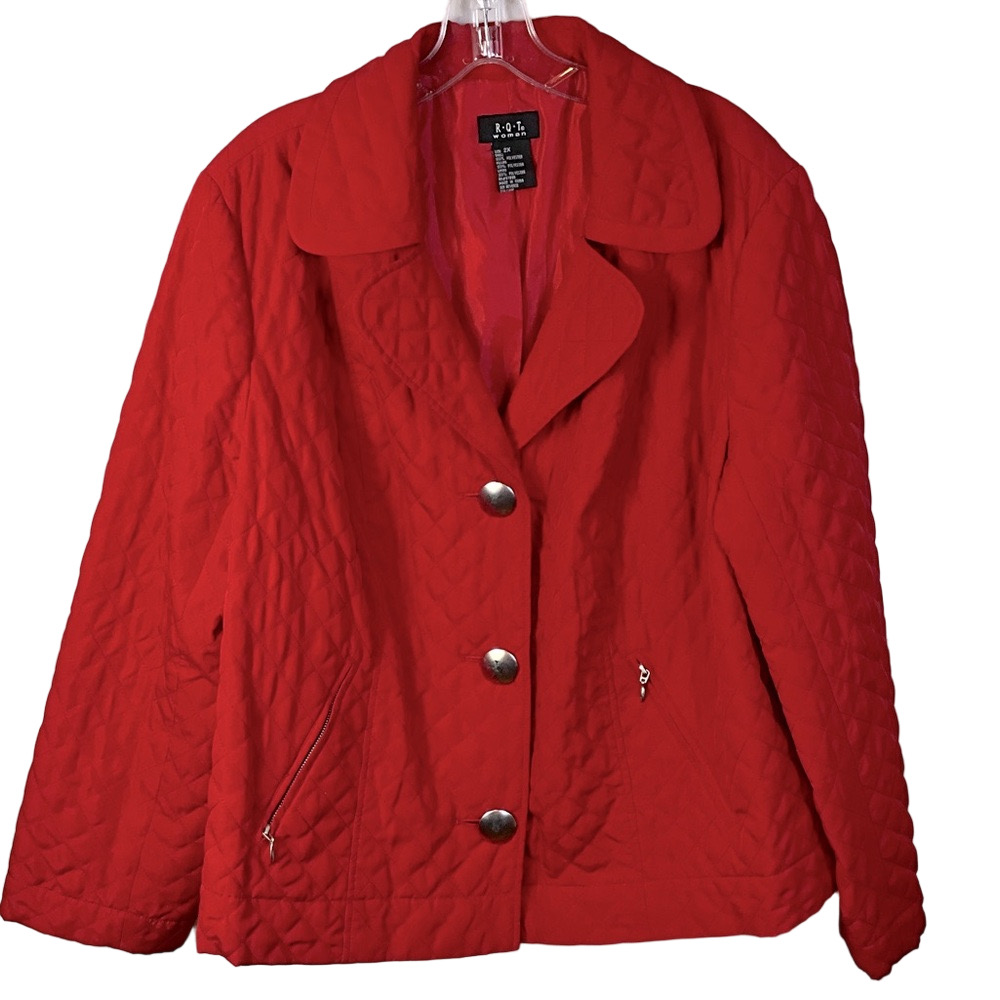 R.Q.T Three Button Down Red Quilted Jacket Size 2X